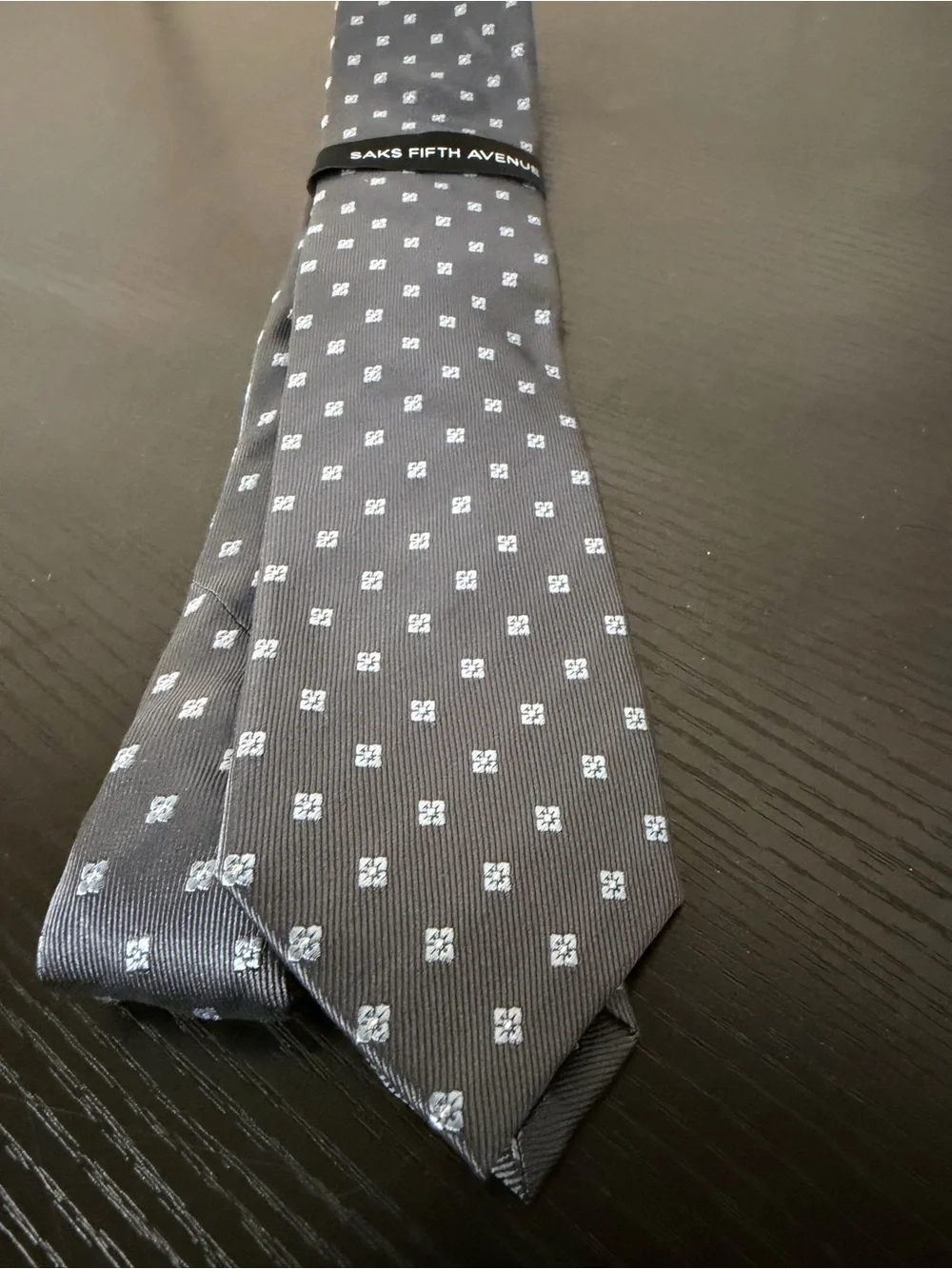 Saks Fifth Avenue Gray Tie with White Micro Squares 3” x 58”